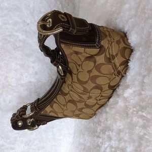 COACH Boho Signature Tan Brown Canvas Shoulder Bag Leather Trim Silver Accents